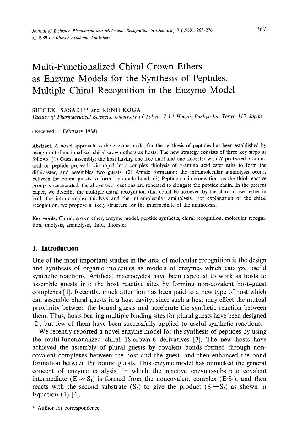 Multi-functionalized chiral crown ethers as enzyme models for the synthesis of peptides. Multiple chiral recognition in the enzyme model by Unknown