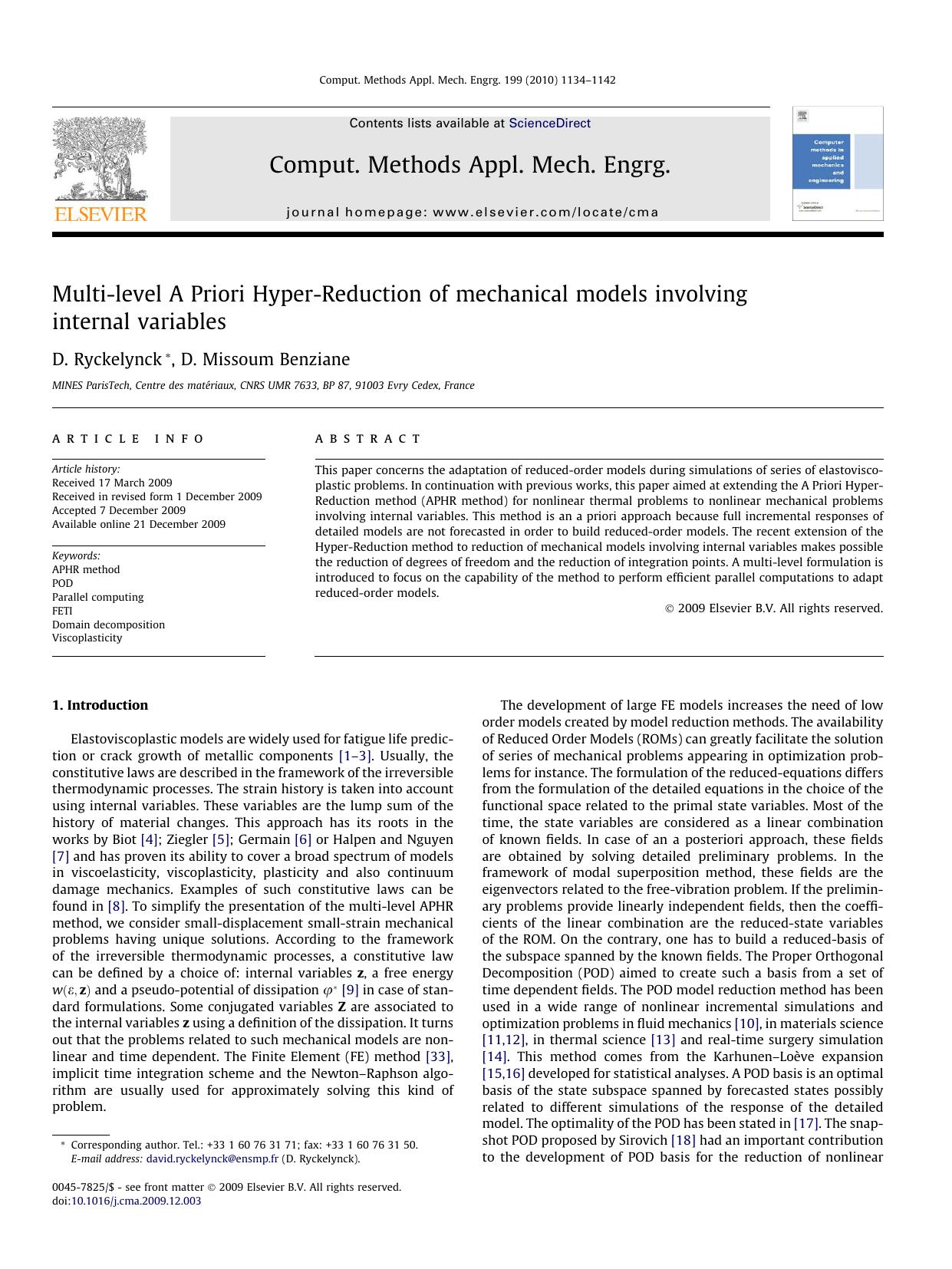 Multi-level A Priori Hyper-Reduction of mechanical models involving internal variables by D. Ryckelynck; D. Missoum Benziane
