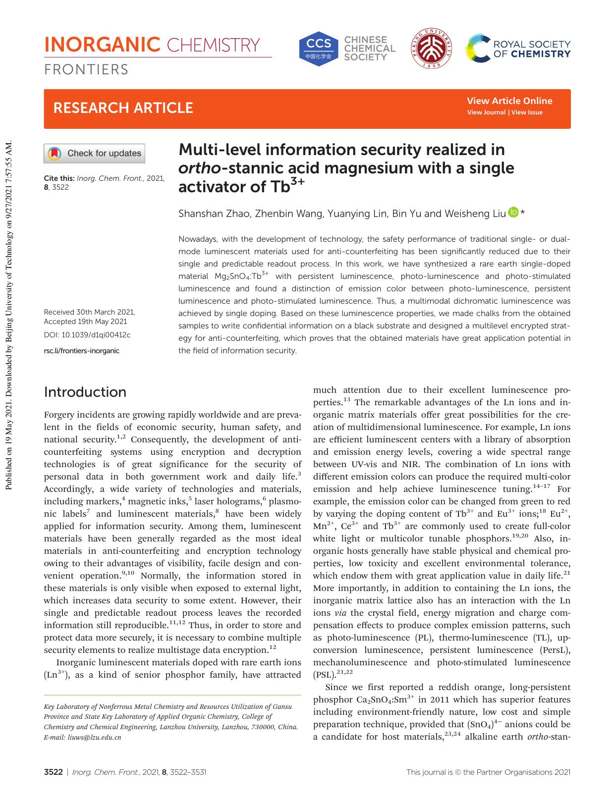 Multi-level information security realized in ortho-stannic acid magnesium with a single activator of Tb3+ by Shanshan Zhao Zhenbin Wang Yuanying Lin Bin Yu Weisheng Liu
