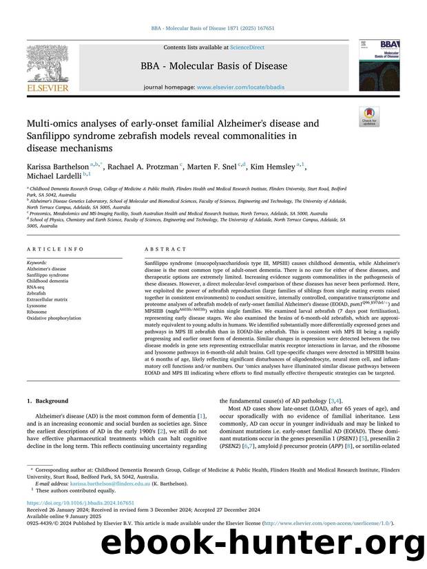 Multi-omics analyses of early-onset familial Alzheimer's disease and Sanfilippo syndrome zebrafish models reveal commonalities in disease mechanisms by Karissa Barthelson & Rachael A. Protzman & Marten F. Snel & Kim Hemsley & Michael Lardelli
