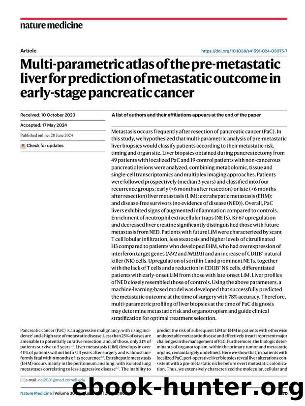 Multi-parametric atlas of the pre-metastatic liver for prediction of metastatic outcome in early-stage pancreatic cancer by unknow