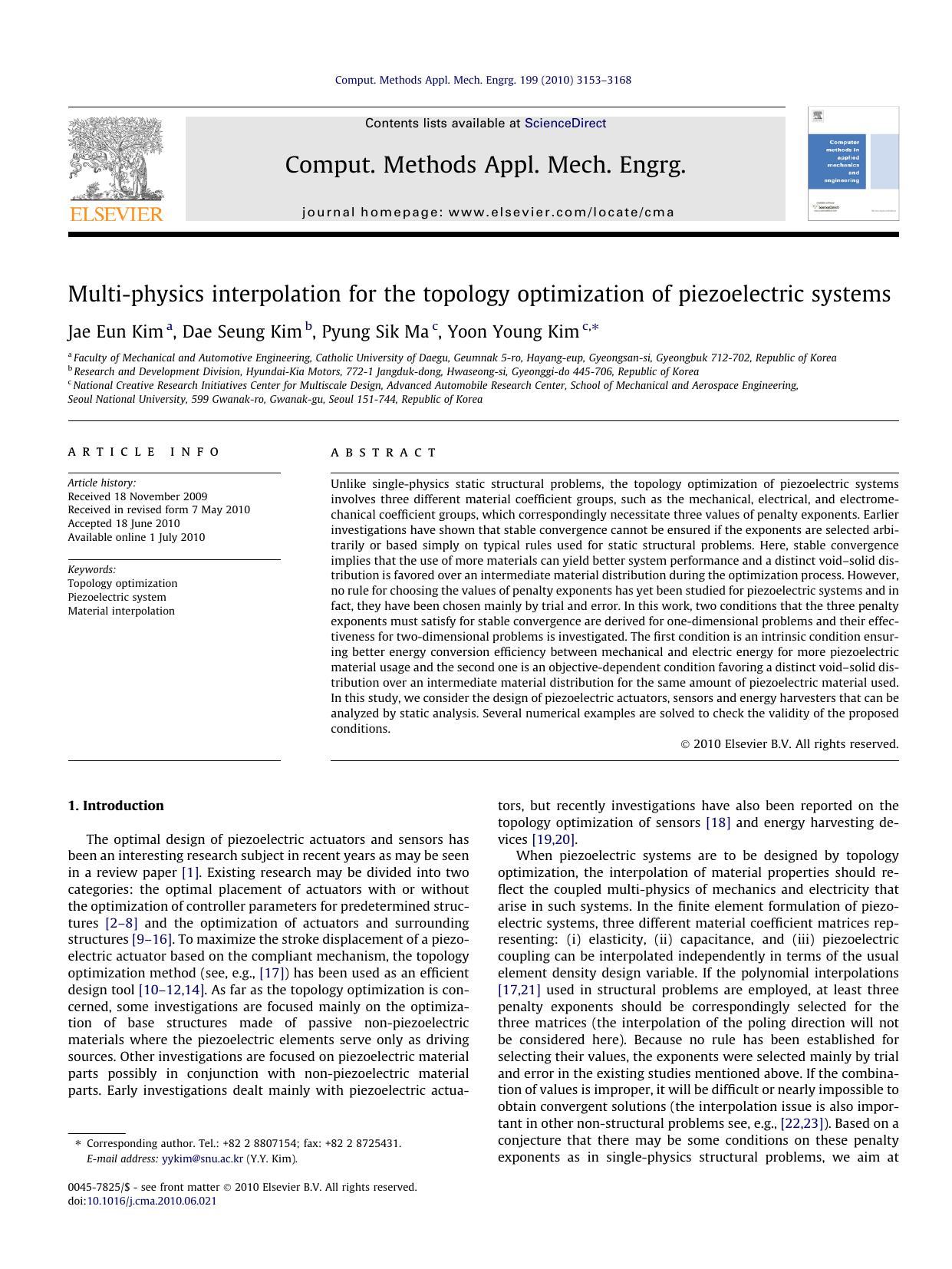 Multi-physics interpolation for the topology optimization of piezoelectric systems by Jae Eun Kim & Dae Seung Kim & Pyung Sik Ma & Yoon Young Kim