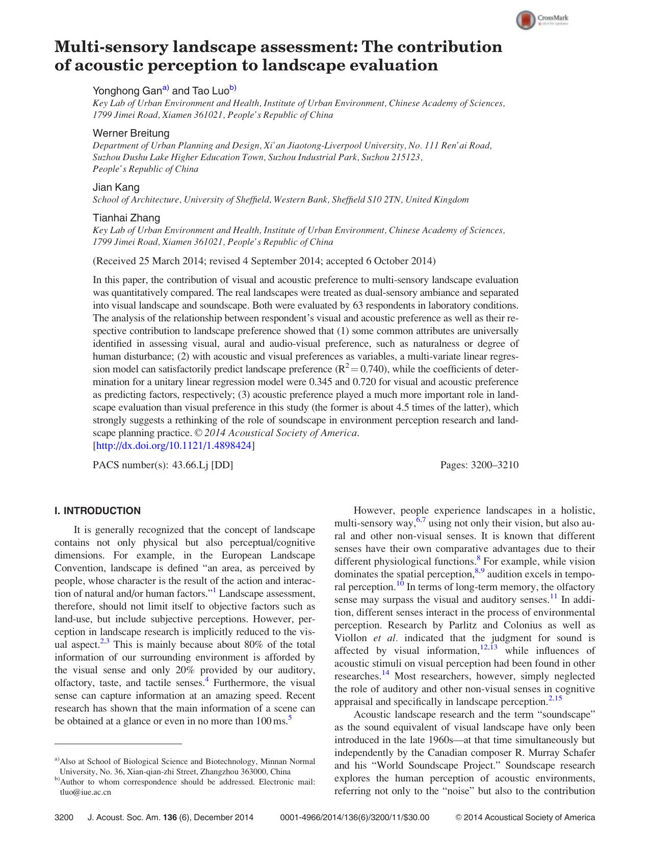 Multi-sensory landscape assessment: The contribution of acoustic perception to landscape evaluation by Yonghong Gan & Tao Luo & Werner Breitung & Jian Kang & Tianhai Zhang