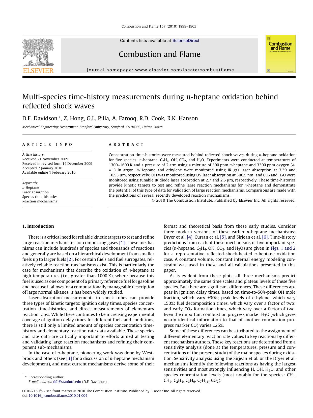 Multi-species time-history measurements during n-heptane oxidation behind reflected shock waves by D.F. Davidson & Z. Hong & G.L. Pilla & A. Farooq & R.D. Cook & R.K. Hanson