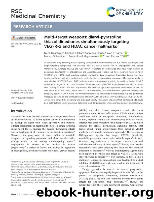 Multi-target weapons: diaryl-pyrazoline thiazolidinediones simultaneously targeting VEGFR-2 and HDAC cancer hallmarks by unknow