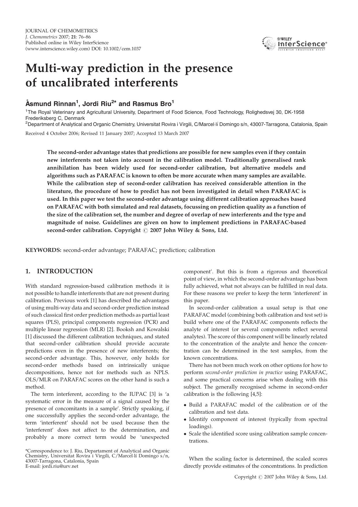 Multi-way prediction in the presence of uncalibrated interferents by Unknown
