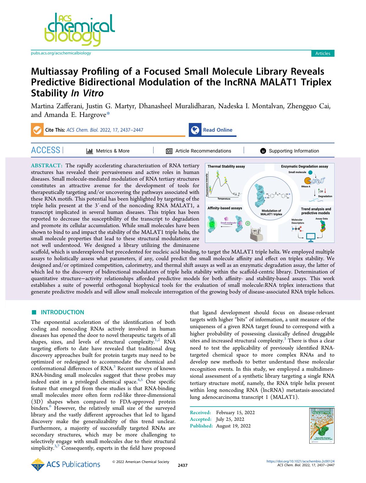 Multiassay Profiling of a Focused Small Molecule Library Reveals Predictive Bidirectional Modulation of the lncRNA MALAT1 Triplex Stability In Vitro by unknow