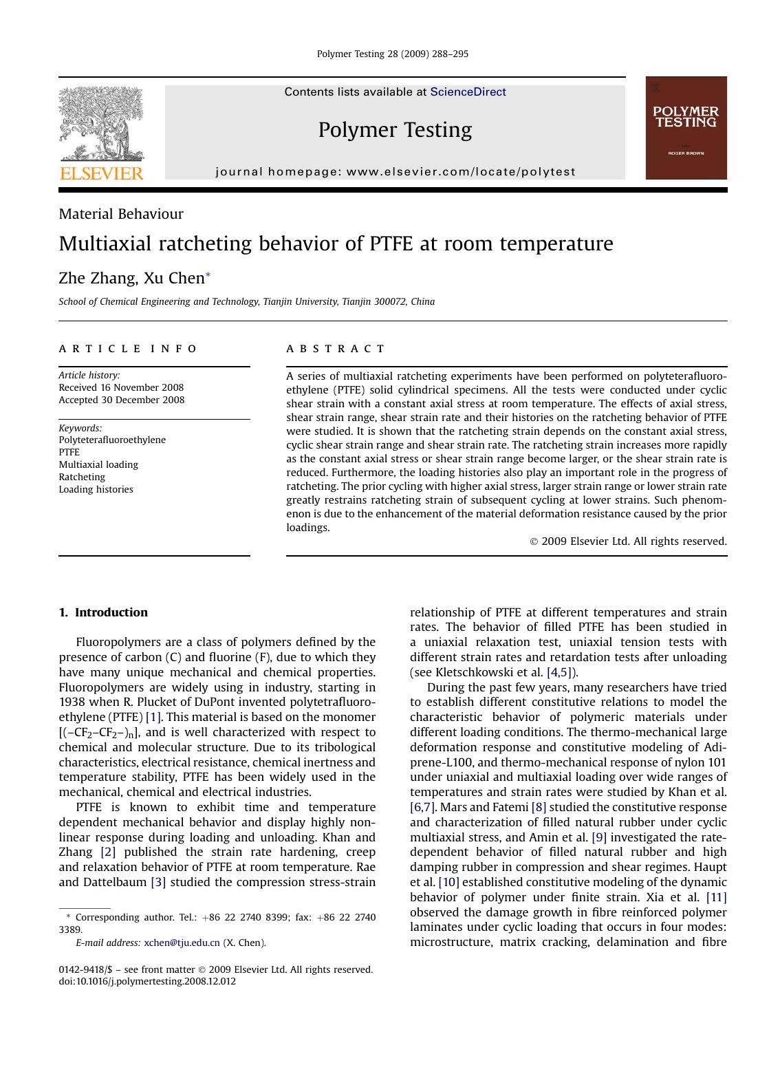Multiaxial ratcheting behavior of PTFE at room temperature by Zhe Zhang; Xu Chen