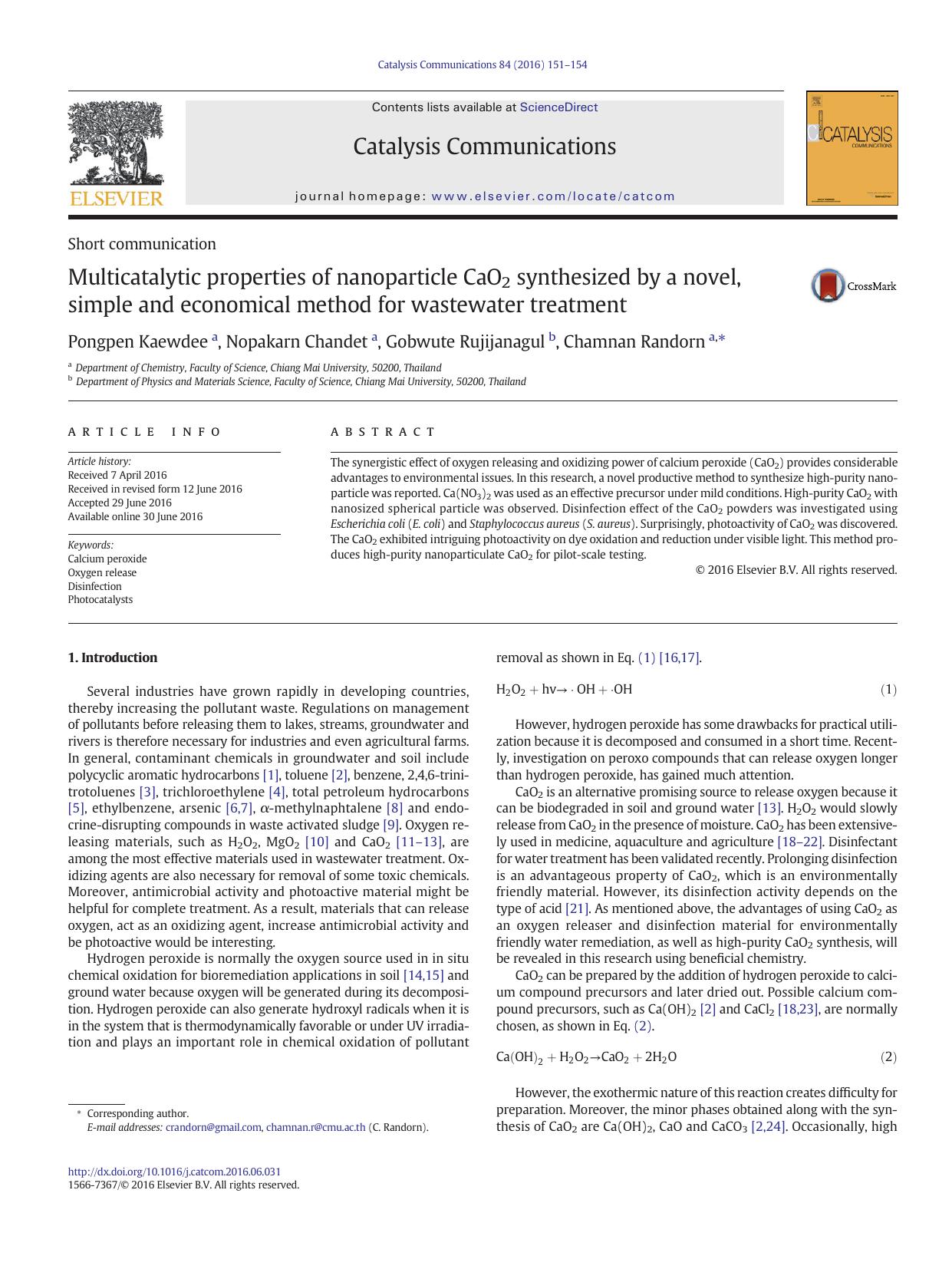Multicatalytic properties of nanoparticle CaO2 synthesized by a novel, simple and economical method for wastewater treatment by Pongpen Kaewdee & Nopakarn Chandet & Gobwute Rujijanagul & Chamnan Randorn