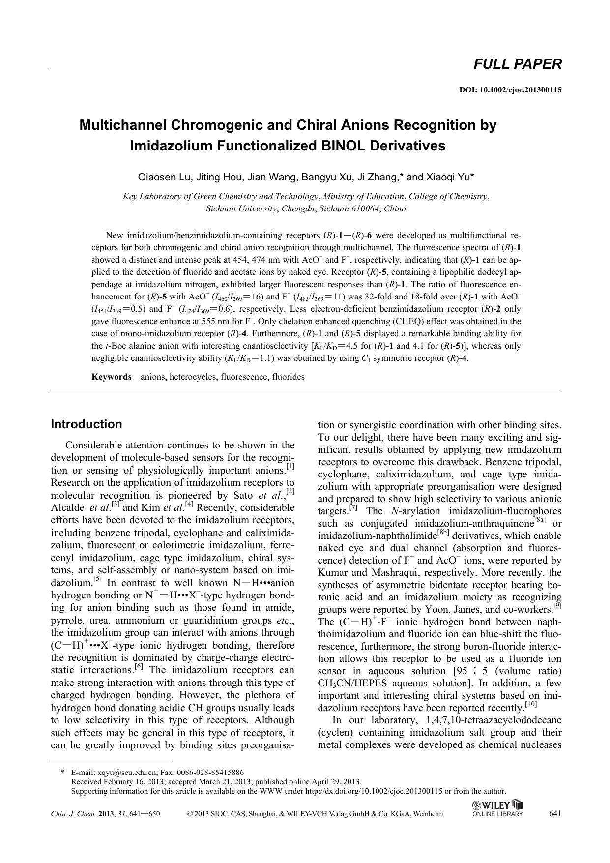 Multichannel Chromogenic and Chiral Anions Recognition by Imidazolium Functionalized BINOL Derivatives by Administrator