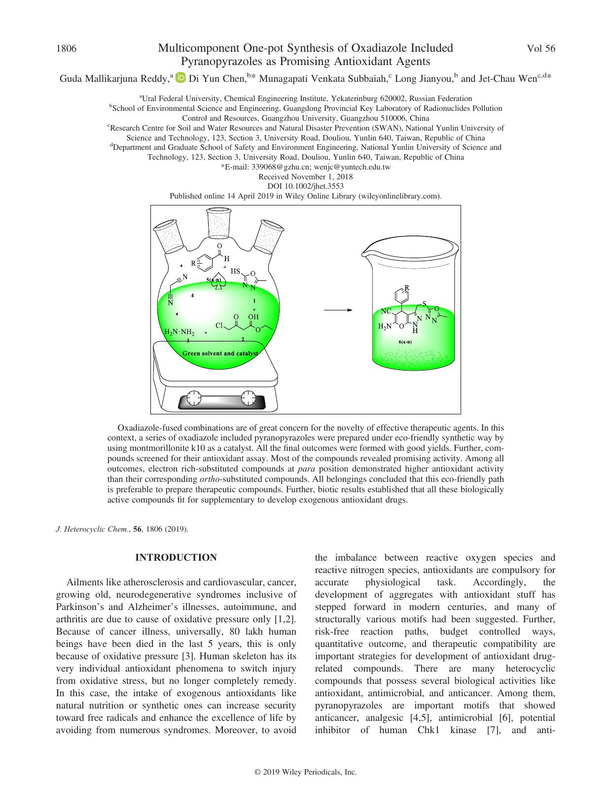 Multicomponent One-pot Synthesis of Oxadiazole Included Pyranopyrazoles as Promising Antioxidant Agents by Guda Mallikarjuna Reddy Di Yun Chen Munagapati Venkata Subbaiah Long Jianyou Jet-Chau Wen