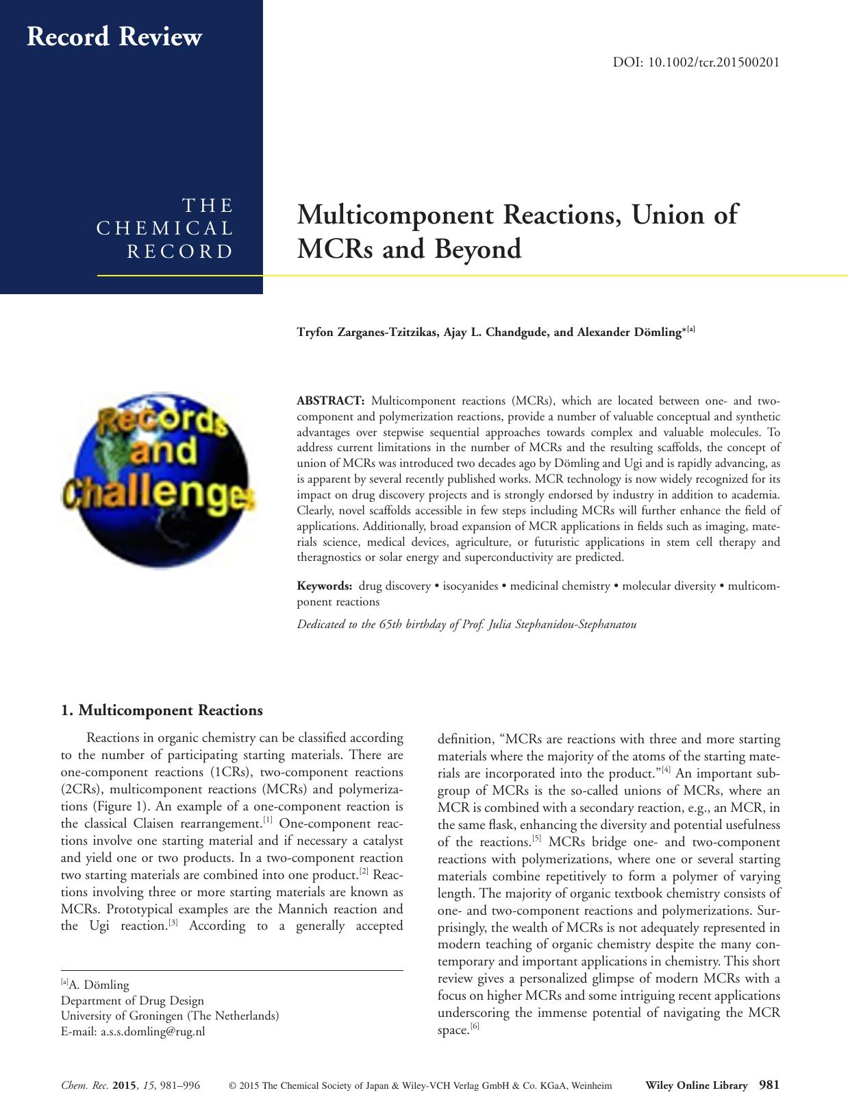 Multicomponent Reactions, Union of MCRs and Beyond by Unknown