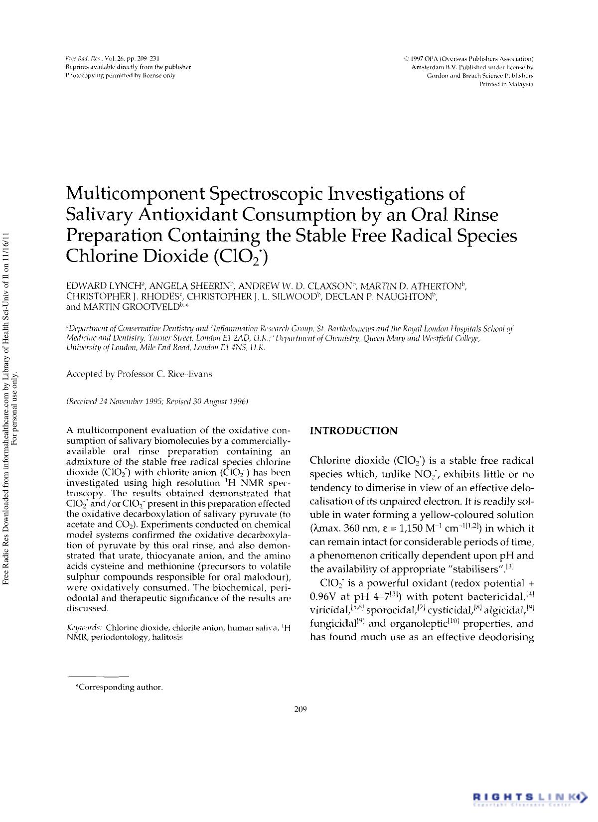 Multicomponent Spectroscopic Investigations of Salivary Antioxidant Consumption by an Oral Rinse Preparation Containing the Stable Free Radical Species Chlorine Dioxide (CIO2) by unknow