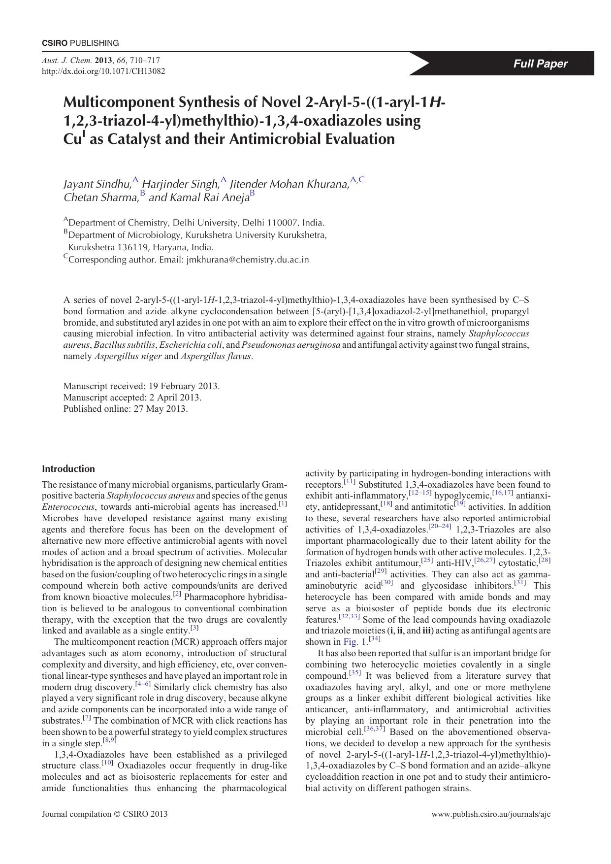 Multicomponent Synthesis of Novel 2-Aryl-5-((1-aryl-1H-1,2,3-triazol-4-yl)methylthio)-1,3,4-oxadiazoles using CuI as Catalyst and their Antimicrobial Evaluation by J. Sindhu et al