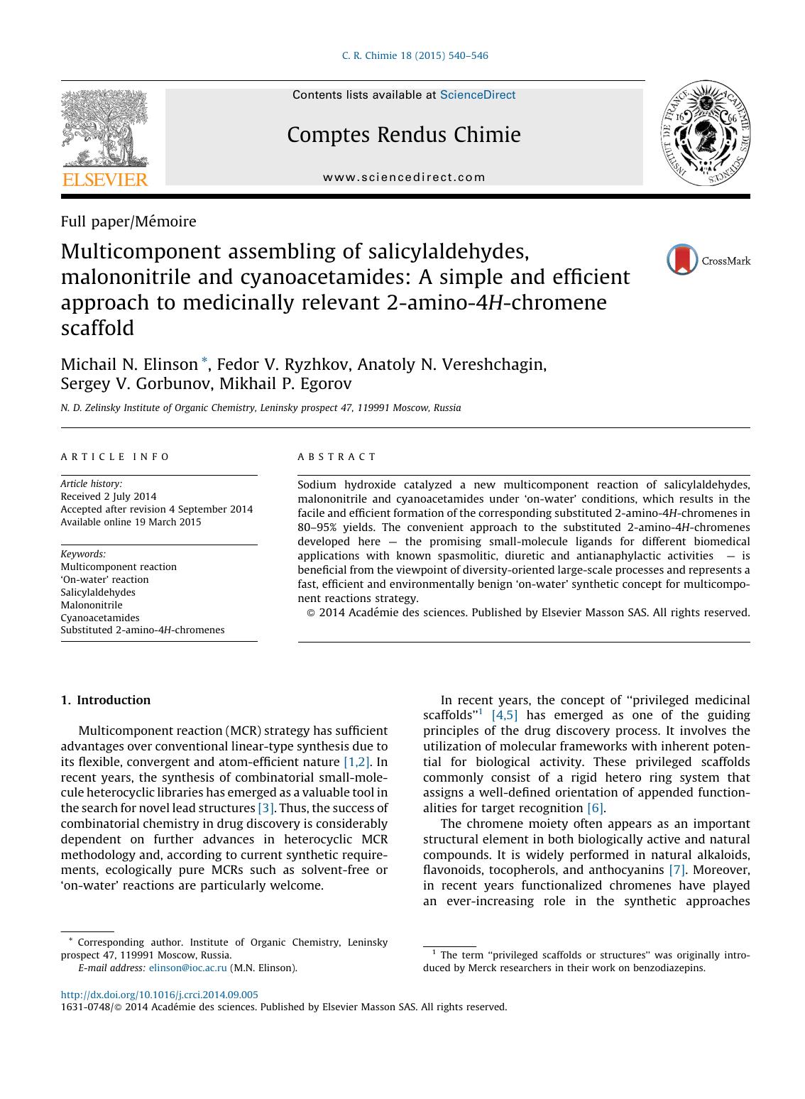 Multicomponent assembling of salicylaldehydes, malononitrile and cyanoacetamides: A simple and efficient approach to medicinally relevant 2-amino-4H-chromene scaffold by unknow