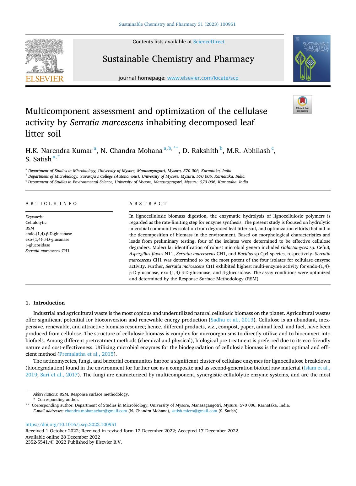 Multicomponent assessment and optimization of the cellulase activity by Serratia marcescens inhabiting decomposed leaf litter soil by H.K. Narendra Kumar & N. Chandra Mohana & D. Rakshith & M.R. Abhilash & S. Satish