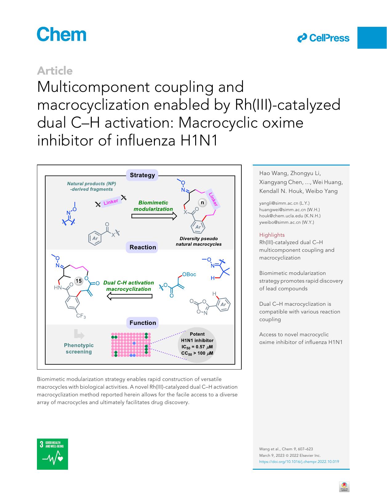 Multicomponent coupling and macrocyclization enabled by Rh(III)-catalyzed dual C-H activation: Macrocyclic oxime inhibitor of influenza H1N1 by unknow