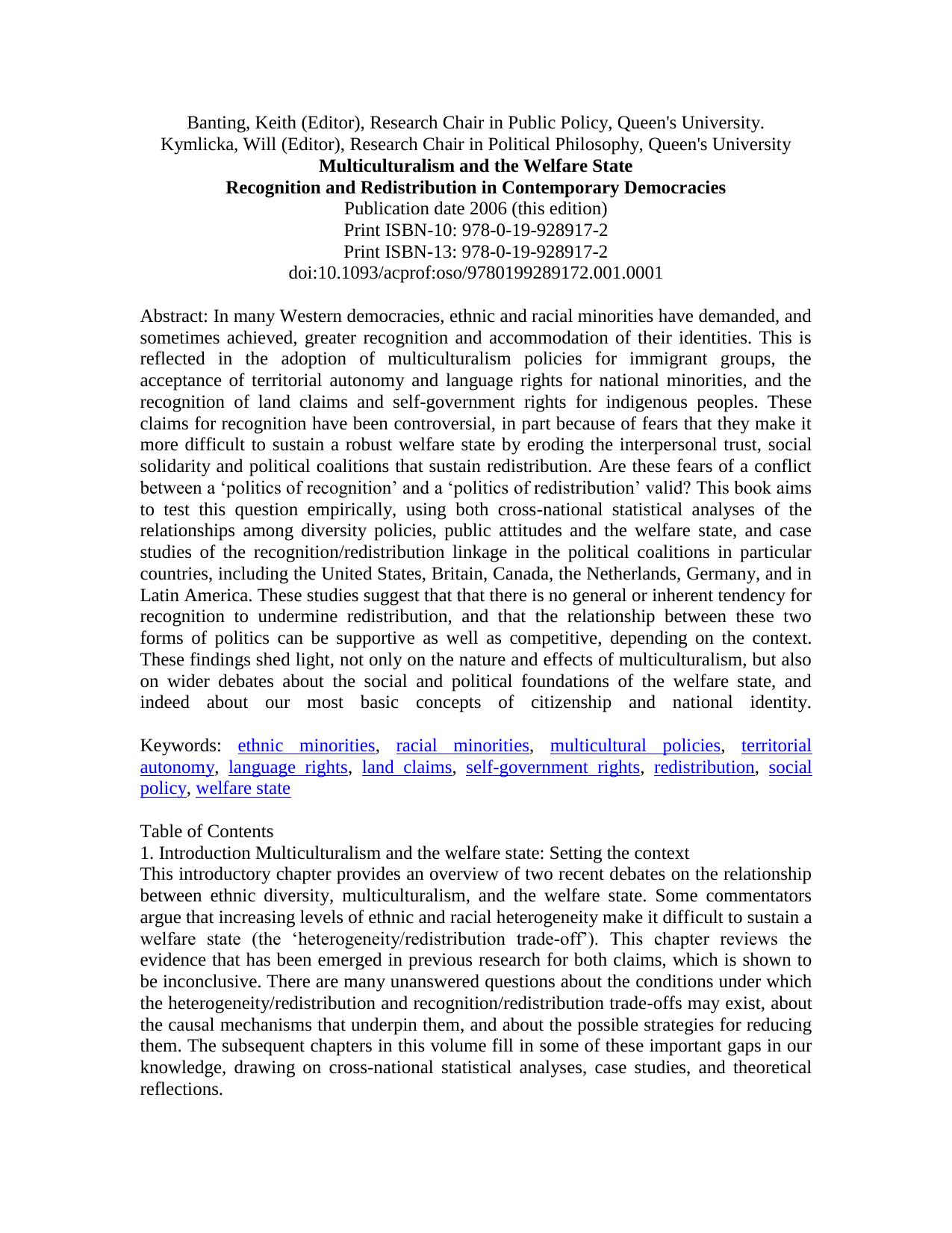 Multiculturalism and the Welfare State: Recognition and Redistribution in Contemporary Democracies by Will Kymlicka Keith Banting