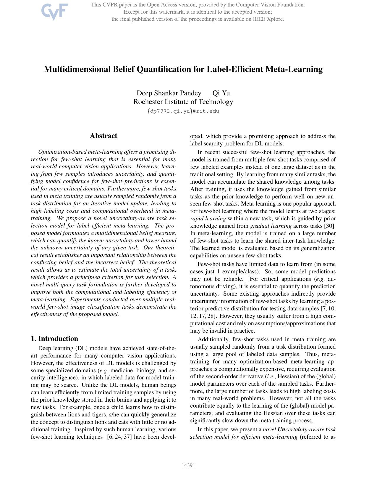 Multidimensional Belief Quantification for Label-Efficient Meta-Learning by Deep Shankar Pandey & Qi Yu