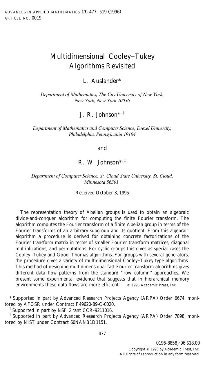 Multidimensional Cooley-Tukey Algorithms Revisited by Auslander L. et al