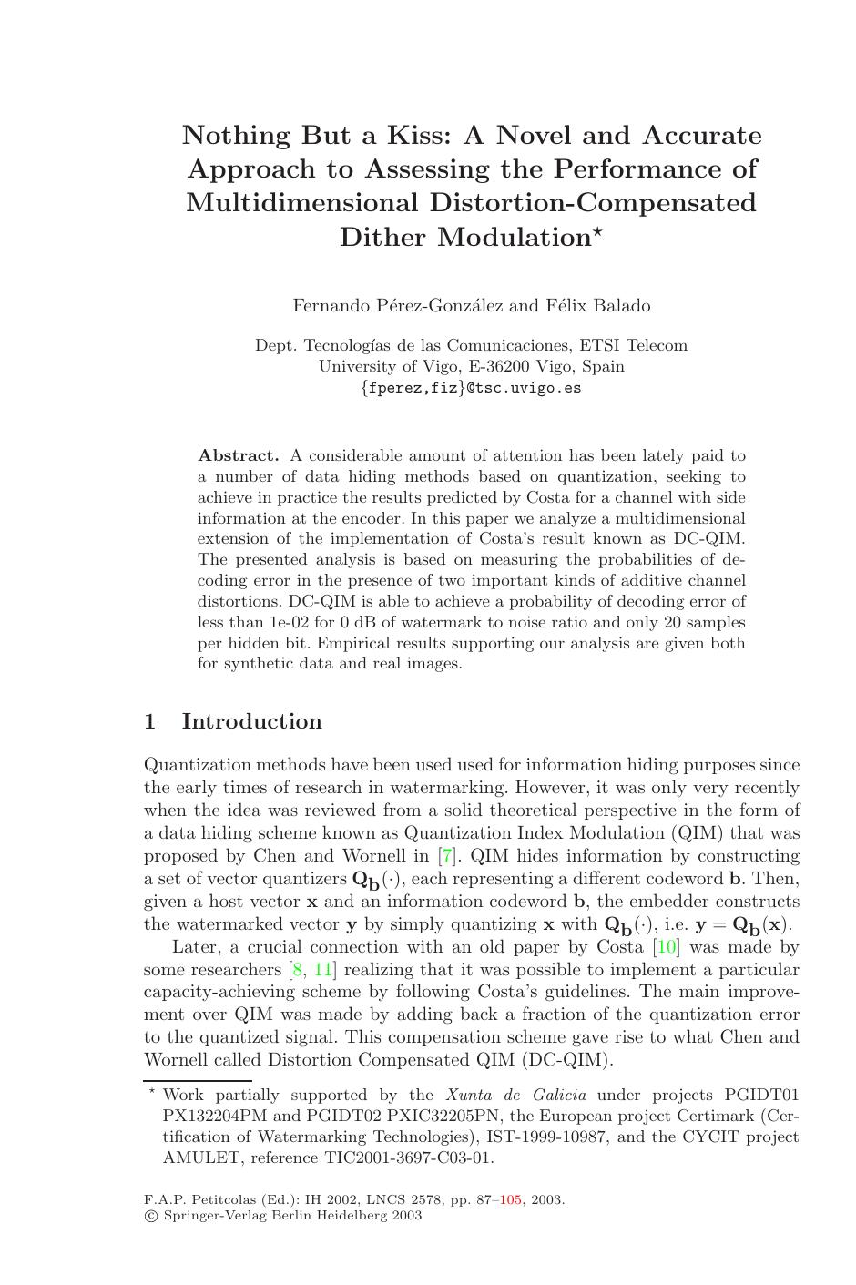 Multidimensional Distortion-Compensated Dither Modulation by Perez-Gonzalez Balado