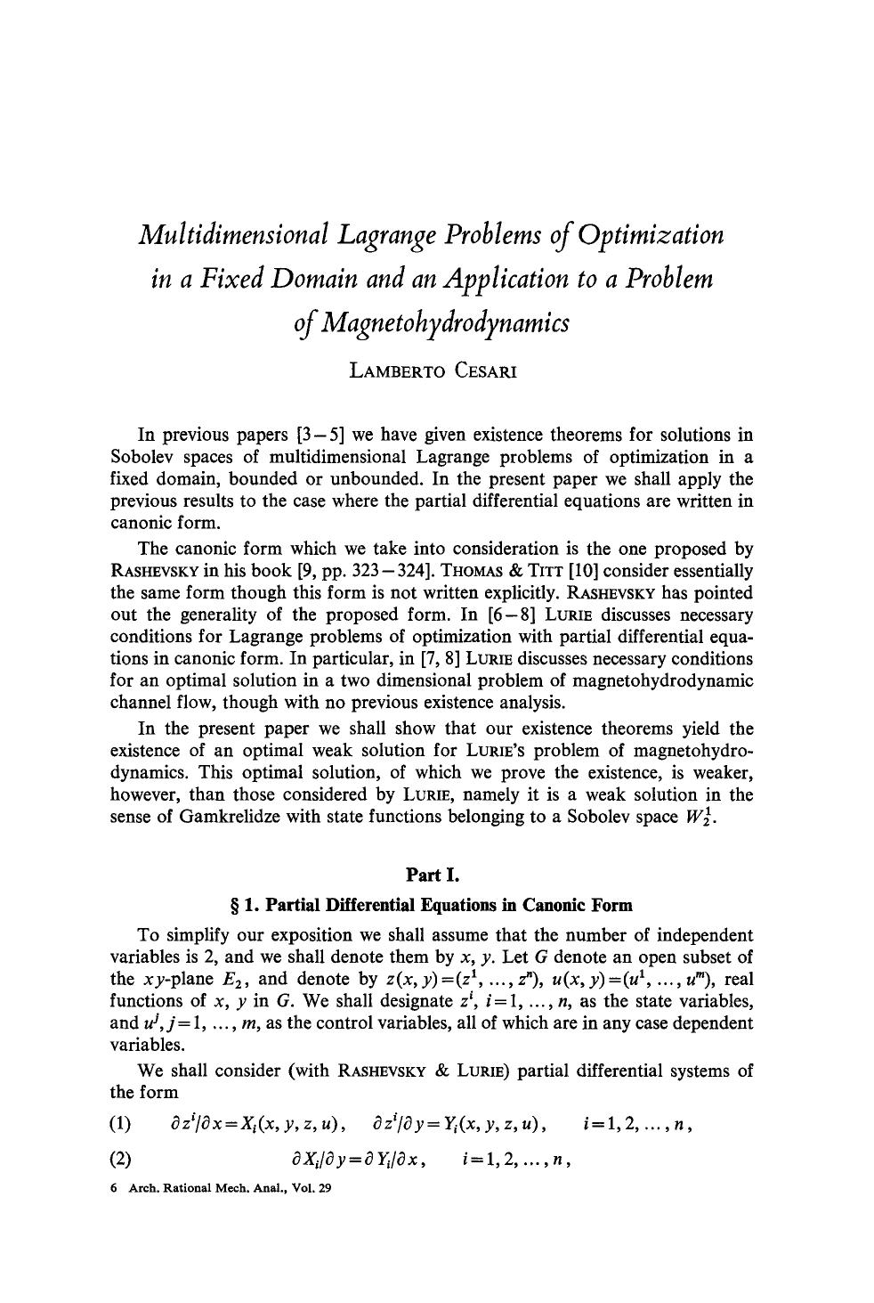 Multidimensional Lagrange problems of optimization in a fixed domain and an application to a problem of magnetohydrodynamics by Unknown