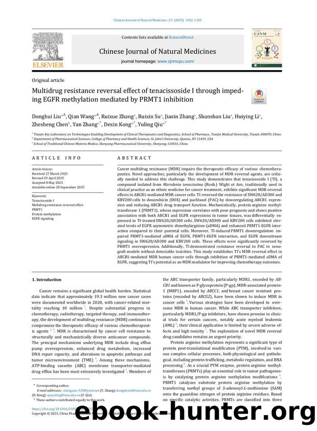 Multidrug resistance reversal effect of tenacissoside I through impeding EGFR methylation mediated by PRMT1 inhibition by unknow