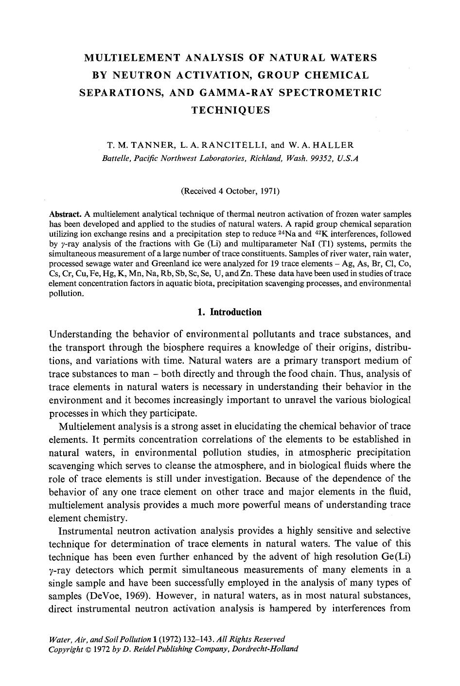 Multielement analysis of natural waters by neutron activation, group chemical separations, and gamma-ray spectrometric techniques by Unknown