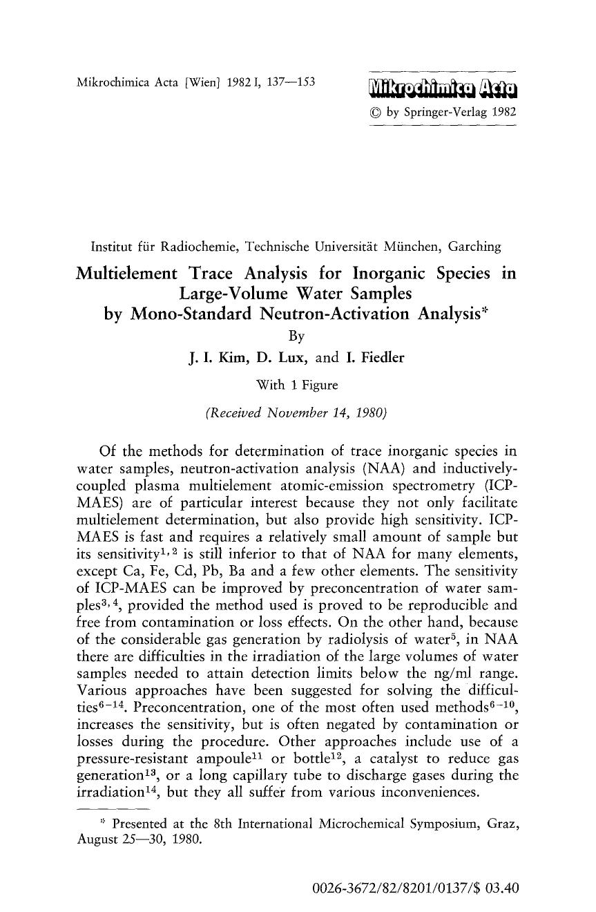 Multielement trace analysis for inorganic species in large-volume water samples by mono-standard neutron-activation analysis by Unknown