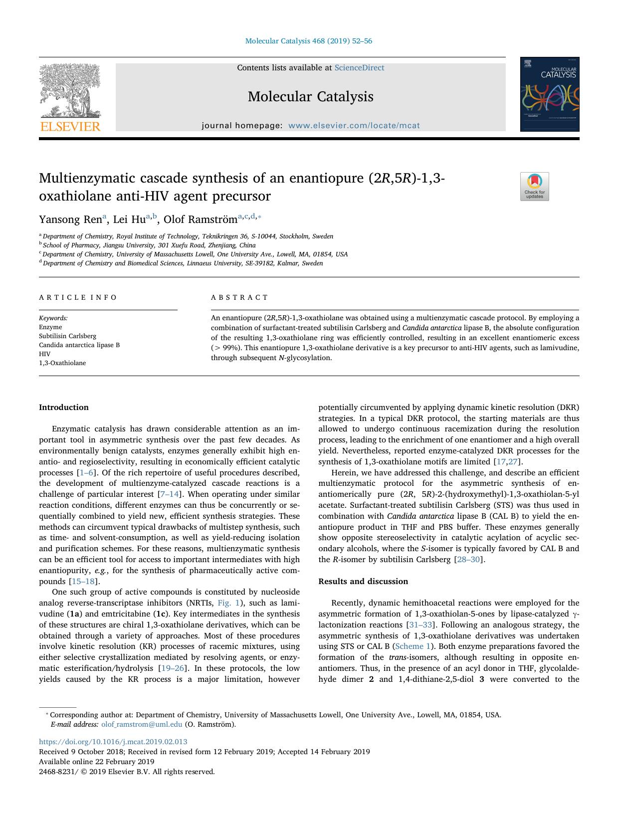 Multienzymatic cascade synthesis of an enantiopure (2R,5R)-1,3-oxathiolane anti-HIV agent precursor by Yansong Ren & Lei Hu & Olof Ramström