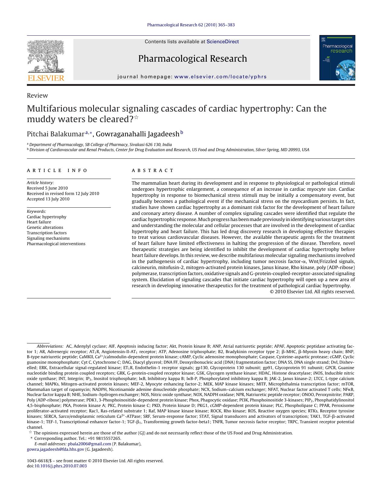 Multifarious molecular signaling cascades of cardiac hypertrophy: Can the muddy waters be cleared? by Pitchai Balakumar