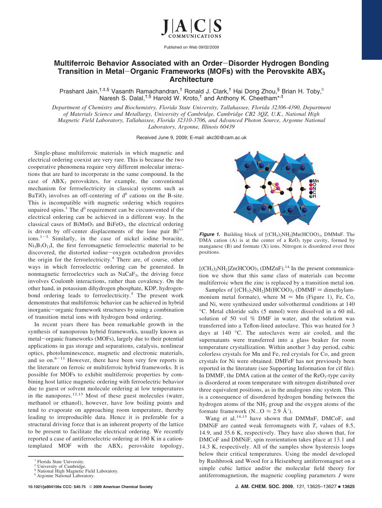 Multiferroic Behavior Associated with an OrderâDisorder Hydrogen Bonding Transition in MetalâOrganic Frameworks (MOFs) with the Perovskite ABX3 Architecture by unknow