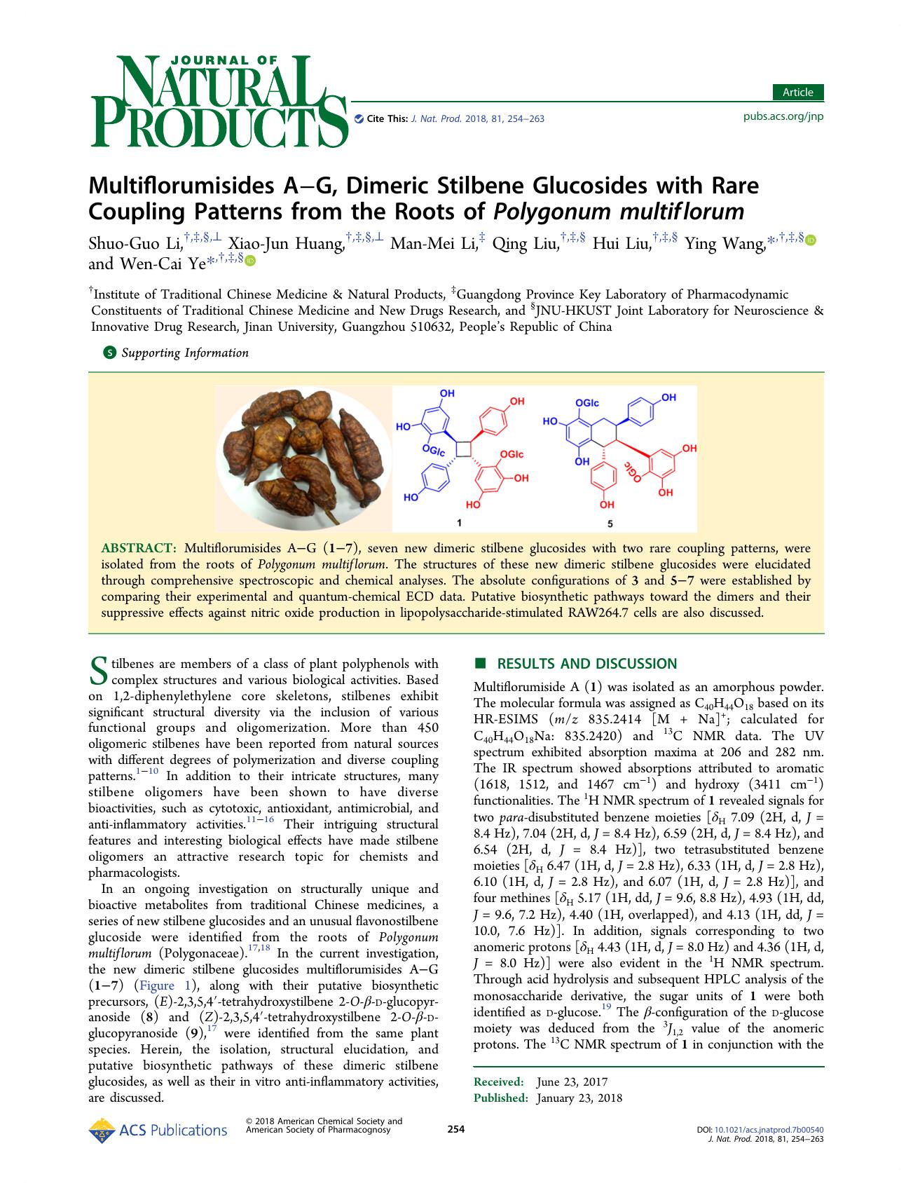 Multiflorumisides AâG, Dimeric Stilbene Glucosides with Rare Coupling Patterns from the Roots of Polygonum multiflorum by Shuo-Guo Li Xiao-Jun Huang Man-Mei Li Qing Liu Hui Liu Ying Wang & Wen-Cai Ye