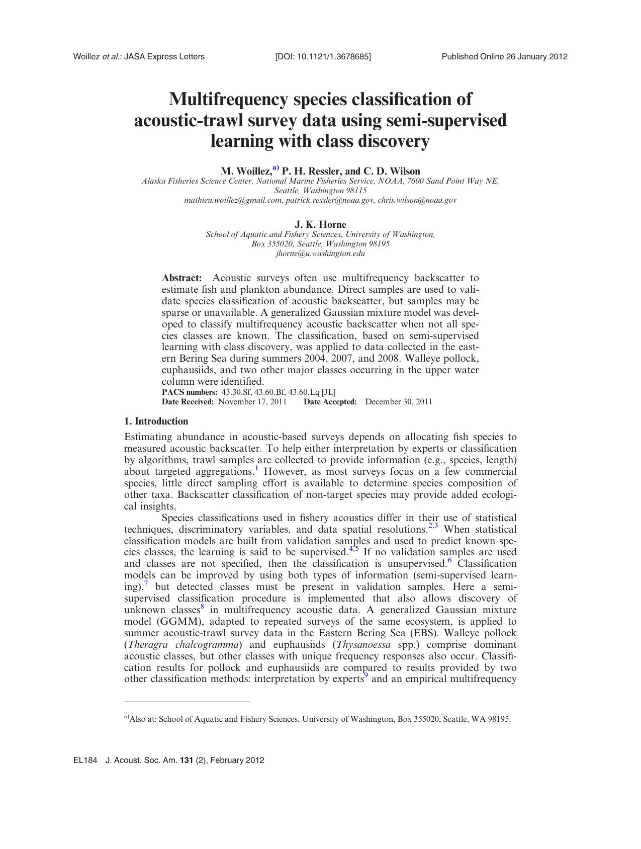 Multifrequency species classification of acoustic-trawl survey data using semi-supervised learning with class discovery by M. Woillez P. H. Ressler C. D. Wilson and J. K. Horne