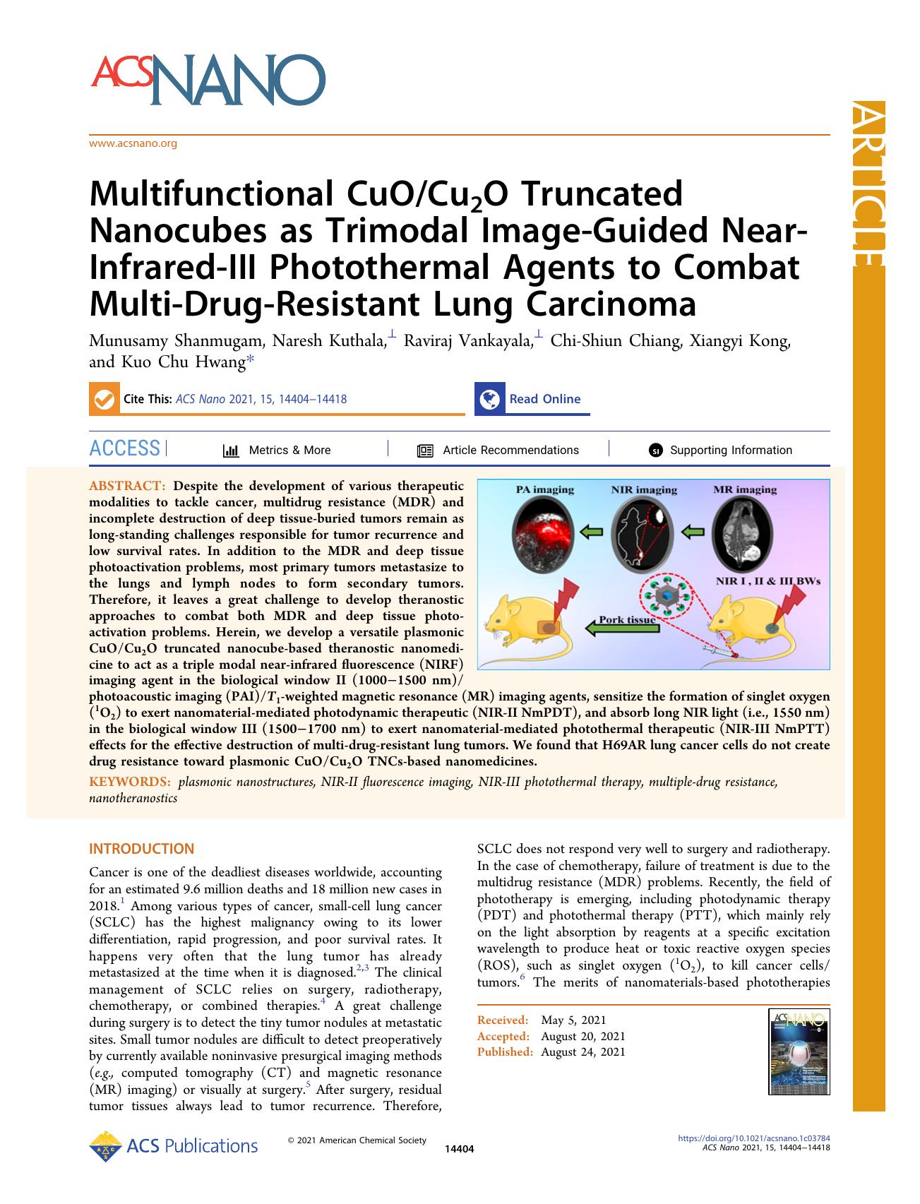 Multifunctional CuOCu2O Truncated Nanocubes as Trimodal Image-Guided Near-Infrared-III Photothermal Agents to Combat Multi-Drug-Resistant Lung Carcinoma by unknow
