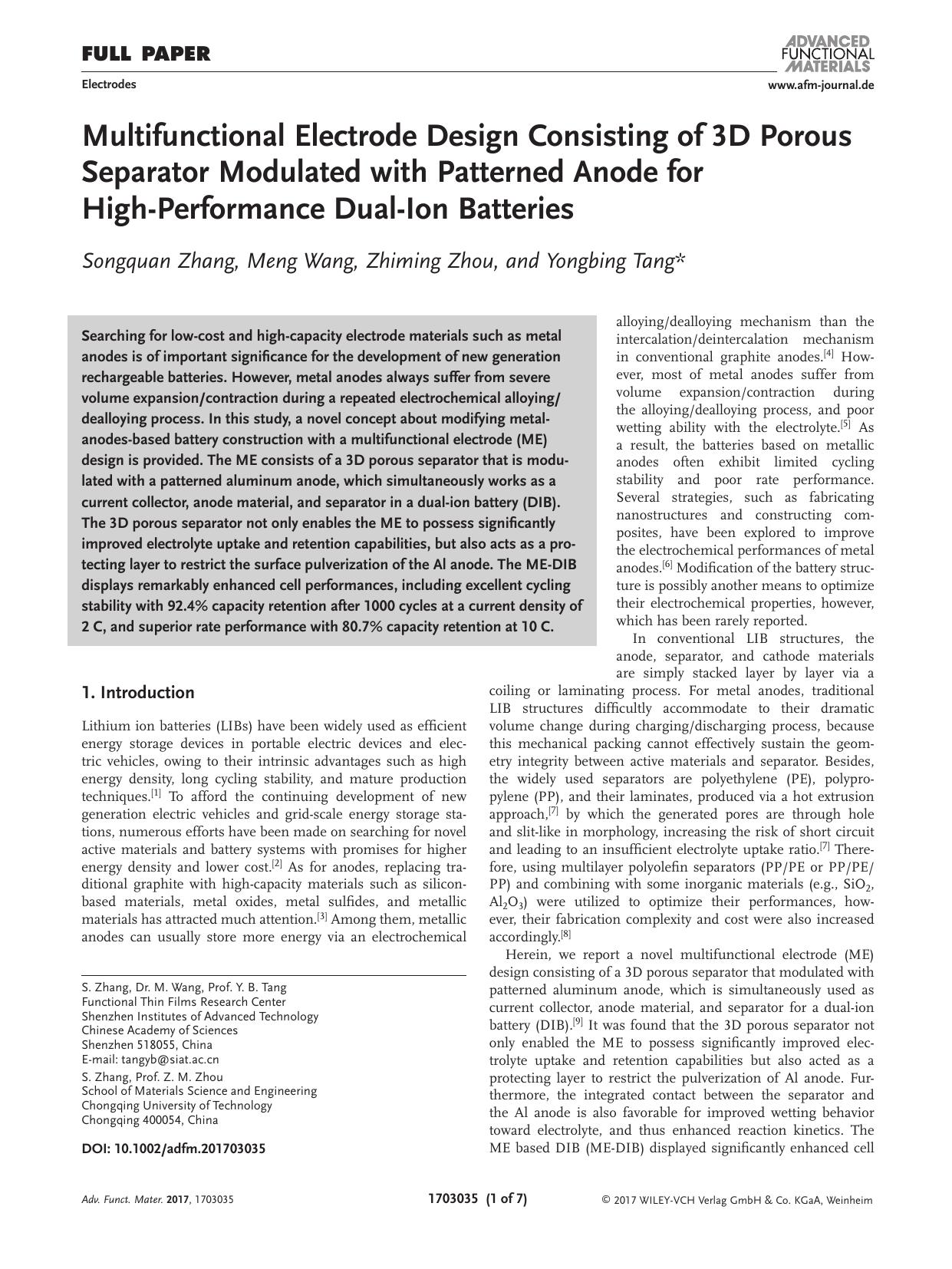 Multifunctional Electrode Design Consisting of 3D Porous Separator Modulated with Patterned Anode for High‐Performance Dual‐Ion Batteries by Unknown