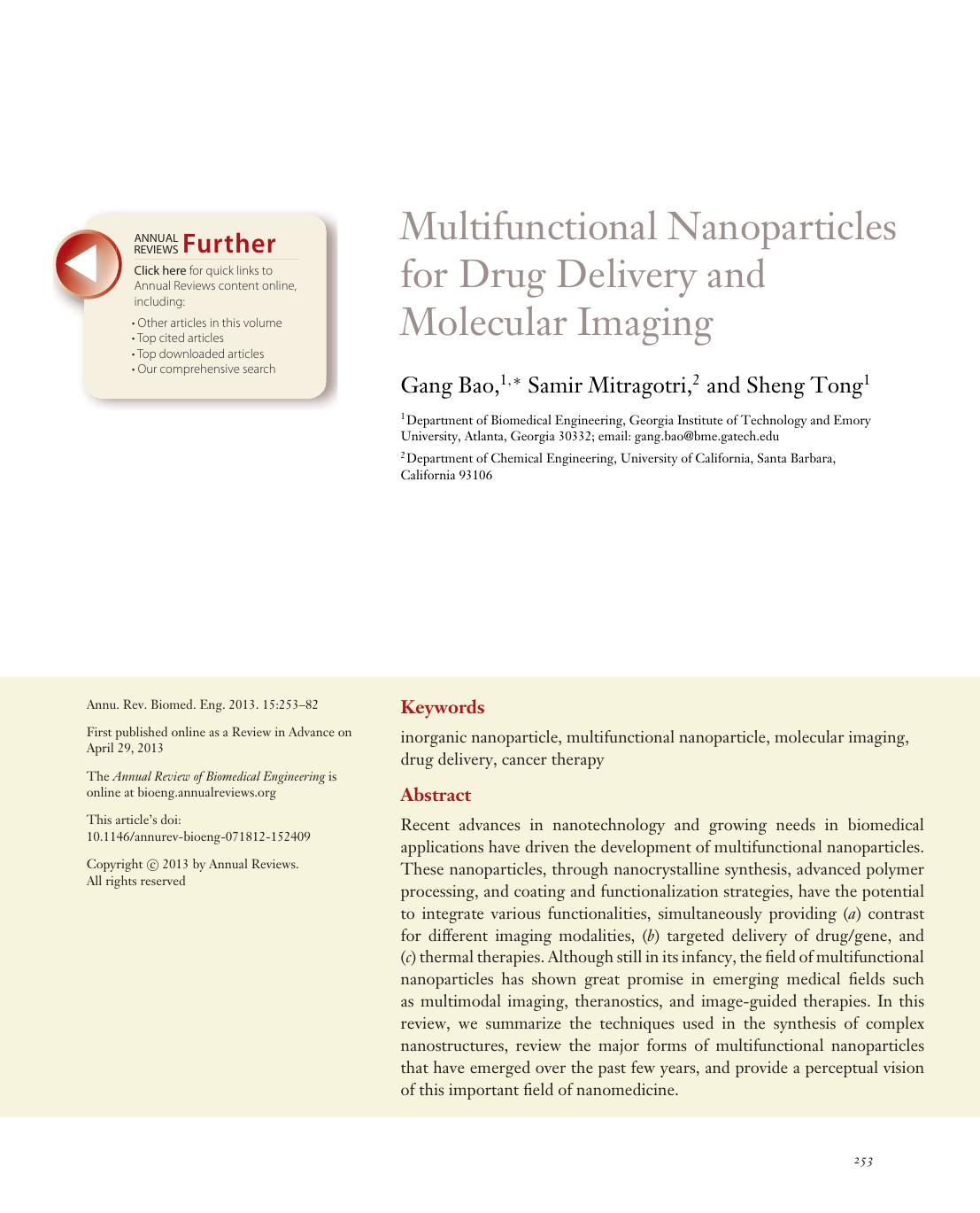 Multifunctional Nanoparticles for Drug Delivery and Molecular Imaging by Gang Bao Samir Mitragotri Sheng Tong
