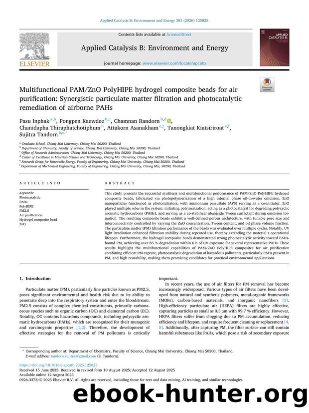 Multifunctional PAMZnO PolyHIPE hydrogel composite beads for air purification: Synergistic particulate matter filtration and photocatalytic remediation of airborne PAHs by unknow