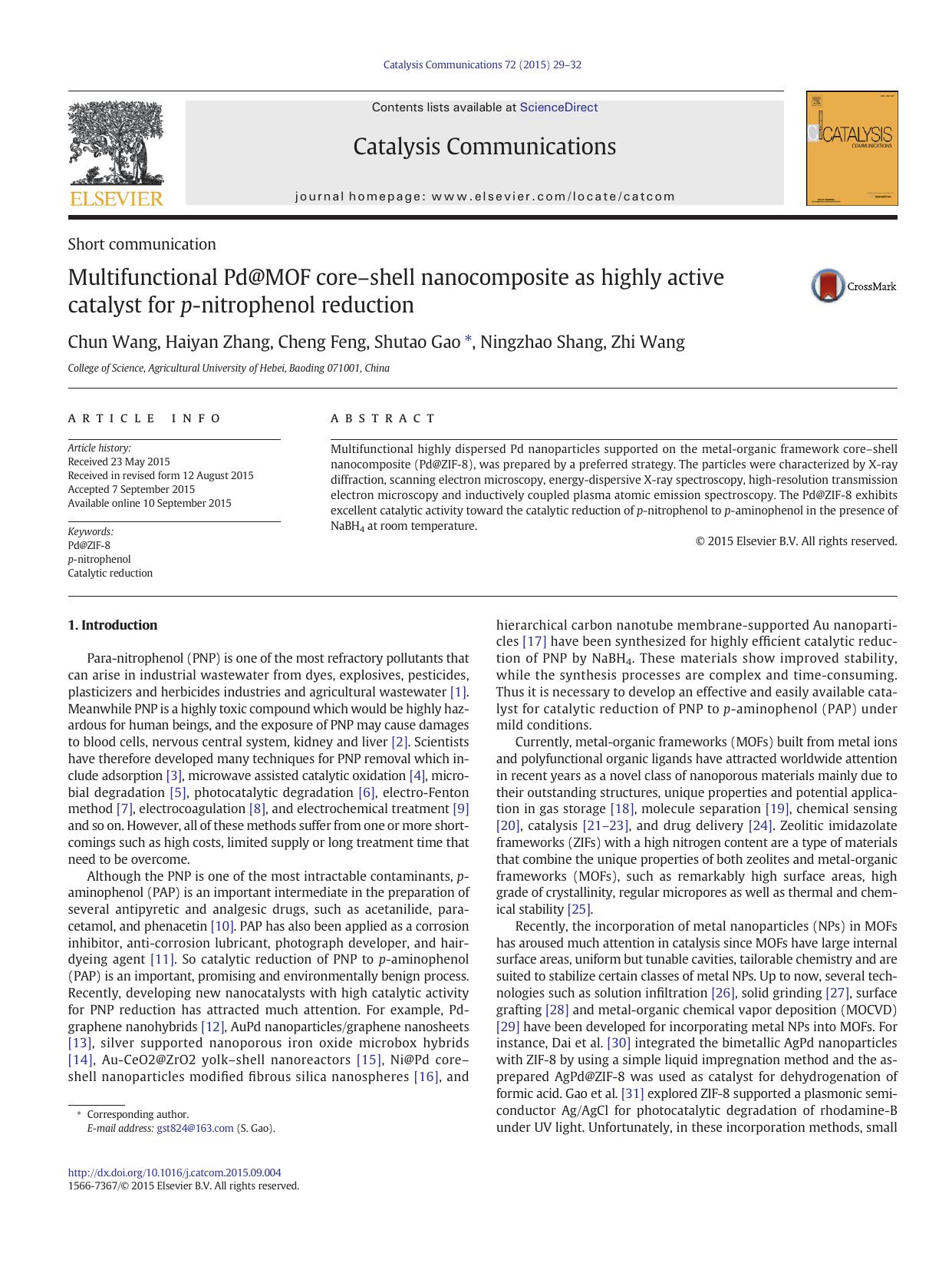 Multifunctional Pd@MOF coreâshell nanocomposite as highly active catalyst for p-nitrophenol reduction by Chun Wang & Haiyan Zhang & Cheng Feng & Shutao Gao & Ningzhao Shang & Zhi Wang