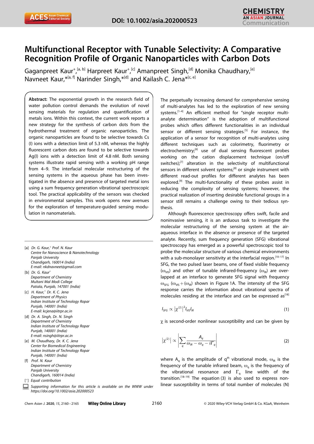 Multifunctional Receptor with Tunable Selectivity: A Comparative Recognition Profile of Organic Nanoparticles with Carbon Dots by Unknown