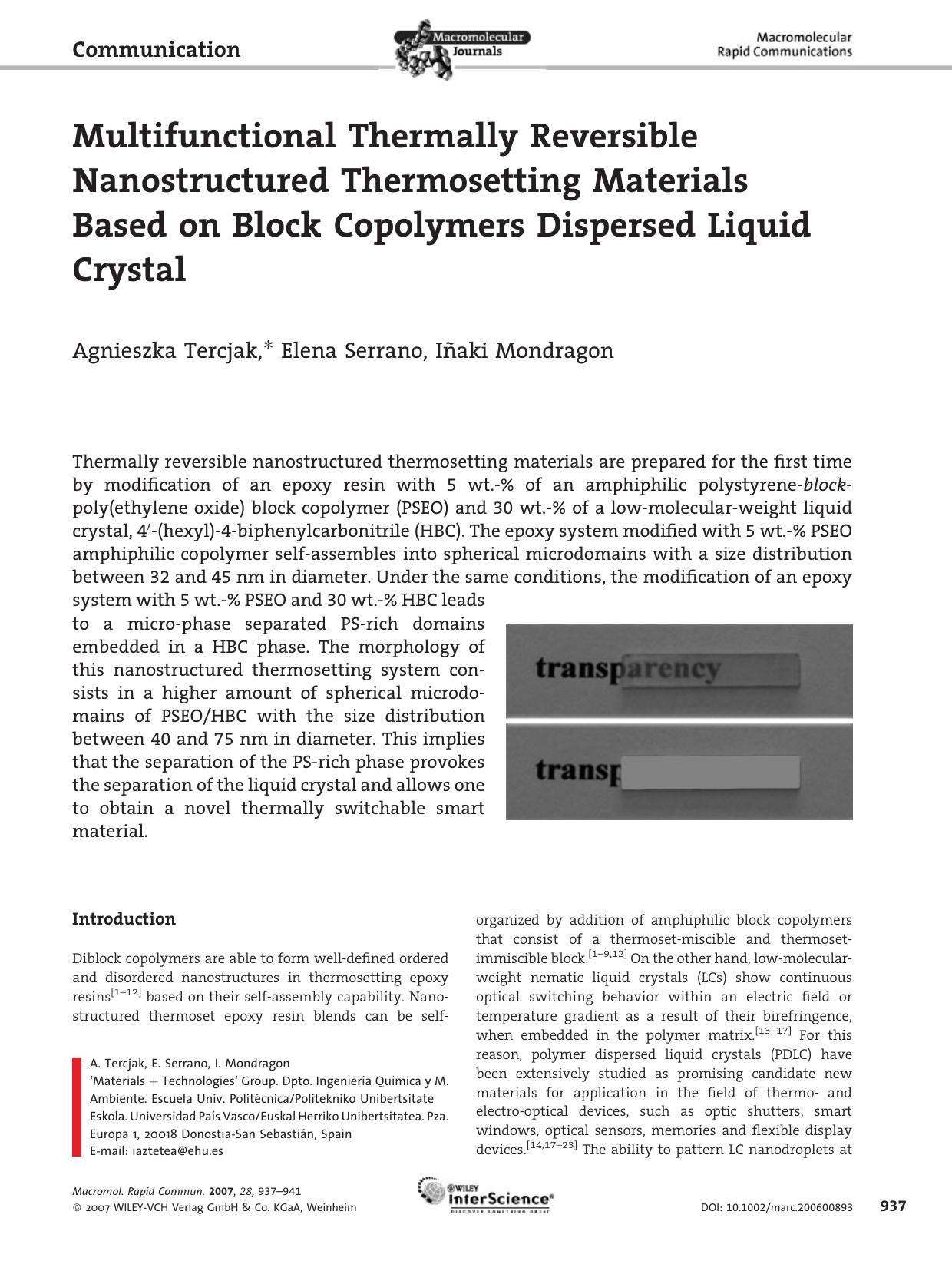 Multifunctional Thermally Reversible Nanostructured Thermosetting Materials Based on Block Copolymers Dispersed Liquid Crystal by Unknown