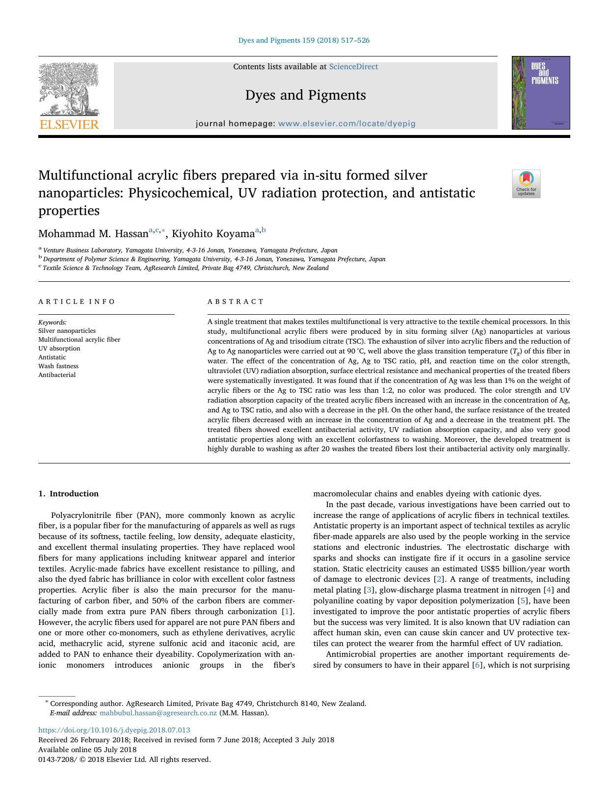 Multifunctional acrylic fibers prepared via in-situ formed silver nanoparticles_ Physicochemical, UV radiation protection, and antistatic properties by Mohammad M. Hassan & Kiyohito Koyama