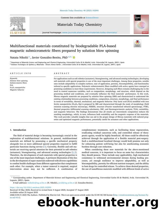 Multifunctional materials constituted by biodegradable PLA-based magnetic submicrometric fibers prepared by solution blow spinning by Nataša Nikolić & Javier González-Benito