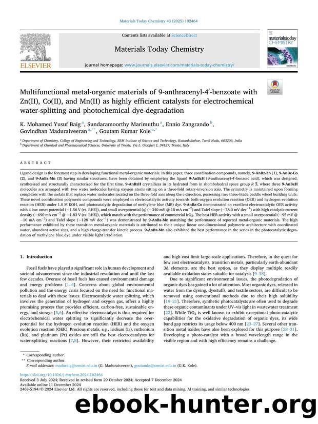 Multifunctional metal-organic materials of 9-anthracenyl-4â²-benzoate with Zn(II), Co(II), and Mn(II) as highly efficient catalysts for electrochemical water-splitting and photoch by unknow