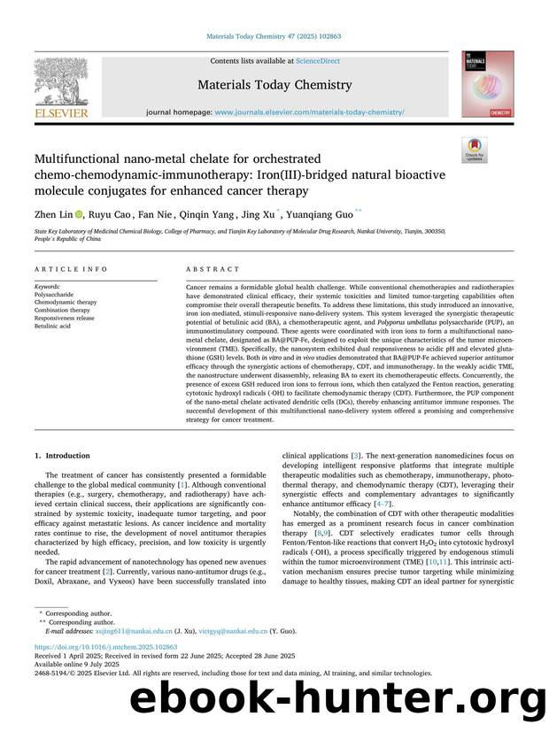 Multifunctional nano-metal chelate for orchestrated chemo-chemodynamic-immunotherapy: Iron(III)-bridged natural bioactive molecule conjugates for enhanced cancer therapy by Zhen Lin & Ruyu Cao & Fan Nie & Qinqin Yang & Jing Xu & Yuanqiang Guo