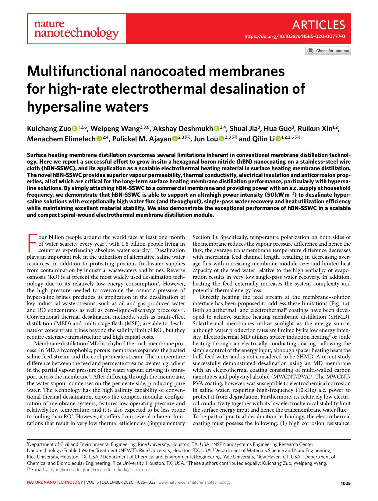 Multifunctional nanocoated membranes for high-rate electrothermal desalination of hypersaline waters by unknow