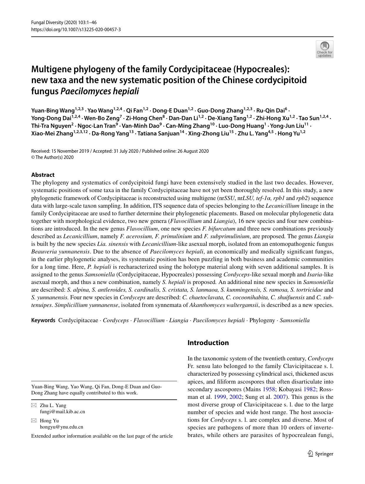 Multigene phylogeny of the family Cordycipitaceae (Hypocreales): new taxa and the new systematic position of the Chinese cordycipitoid fungus Paecilomyces hepiali by unknow