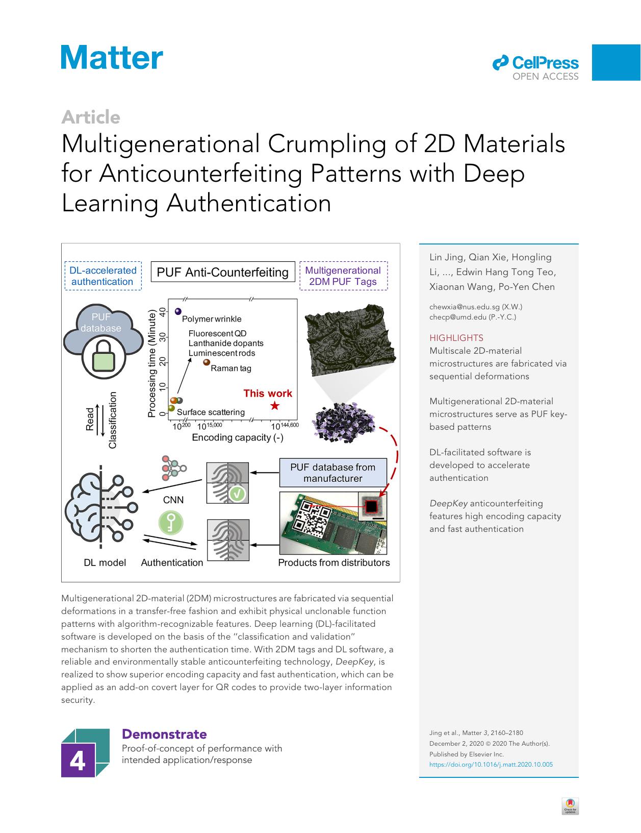 Multigenerational Crumpling of 2D Materials for Anticounterfeiting Patterns with Deep Learning Authentication by unknow