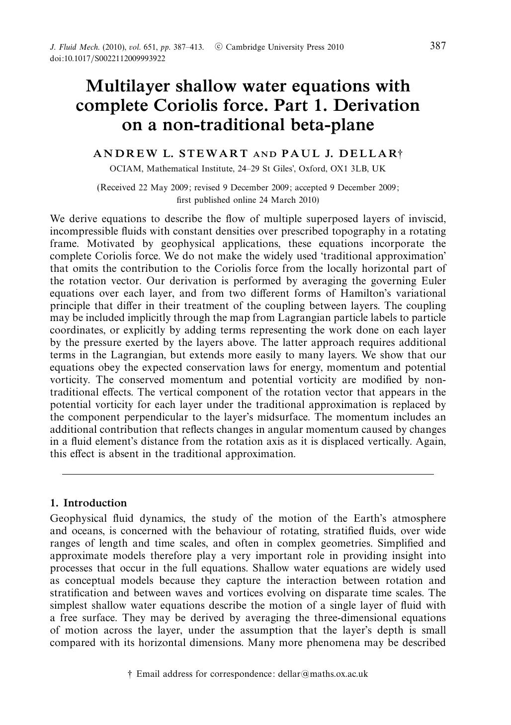 Multilayer shallow water equations with complete Coriolis force. Part 1. Derivation on a non-traditional beta-plane by ANDREW L. STEWART PAUL J. DELLAR