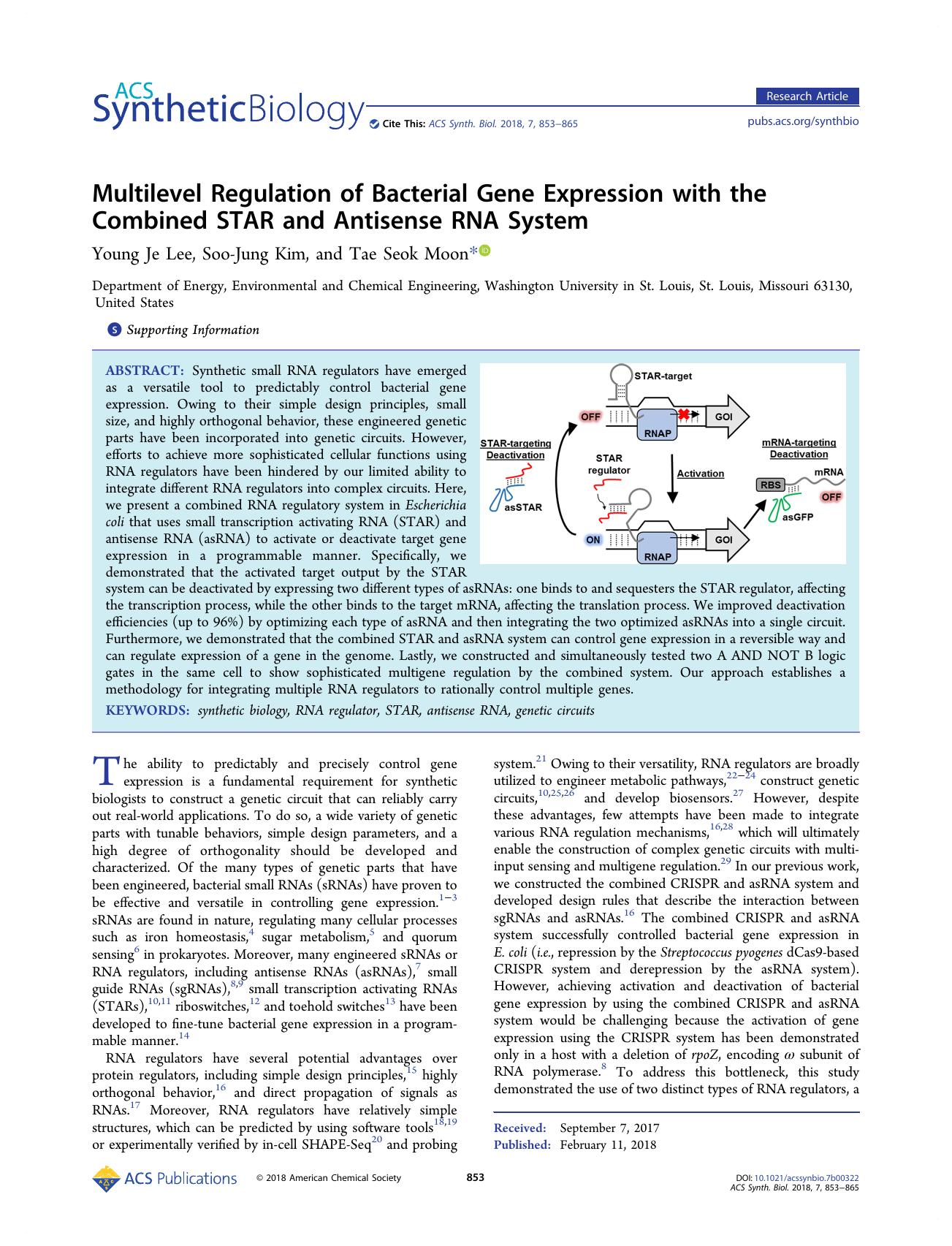 Multilevel Regulation of Bacterial Gene Expression with the Combined STAR and Antisense RNA System by Young Je Lee Soo-Jung Kim and Tae Seok Moon